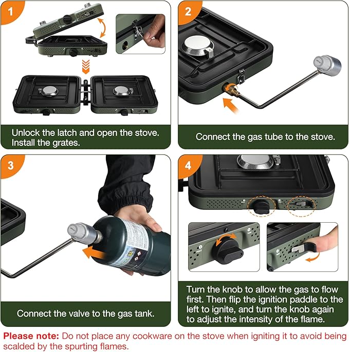 2 Burner Camping Stove with Windscreen, Portable Folding Gas Stove with 17200 BTU Adjustable Burners,12 Plates Foldable Aluminum Camping Stove Windshield, Suitable for Propane & Butane