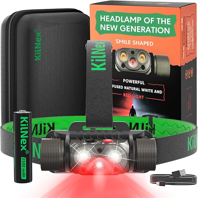 Red Light Headlamp - 1100 Lumens White & Red LED | Rechargeable Headlamp, Case and Battery Included, USB Type C Charging | Waterproof IPX8 | Hunting, Camping, Fishing