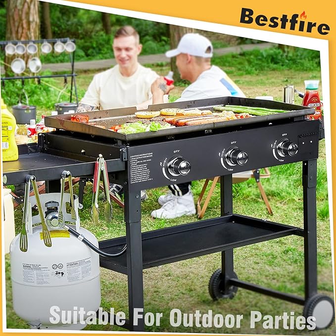 BESTFIRE Foldable Flat Top Grill, Outdoor Griddle-3 Burner Propane Griddle with Two Foldable Shelves,36" Flat Grills Outdoor-45,000 BTU Gas Grill for BBQ& Outdoor Cooking,Black