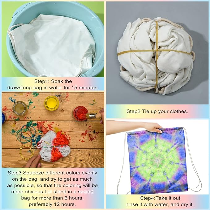 Saintrygo 100 Pcs Tie Dye Drawstring Bags Cotton Sublimation Blank Backpack Bulk Tie Dye Kits Things for Large Groups, 14"x16"