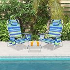 GYMAX Beach Chairs, Backpack Camping Chair with Armrest, Cooler Bag, Cup Holder, Towel Bar & Side Pockets, Sunbath Sling Tanning Lounge, Folding Layout Chair (Without Table, Blue Stripe)