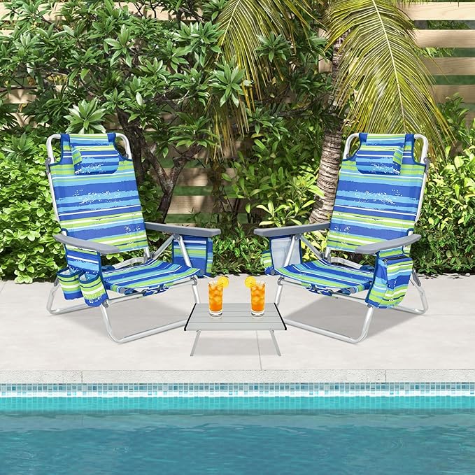 GYMAX Beach Chairs, Backpack Camping Chair with Armrest, Cooler Bag, Cup Holder, Towel Bar & Side Pockets, Sunbath Sling Tanning Lounge, Folding Layout Chair (Without Table, Blue Stripe)