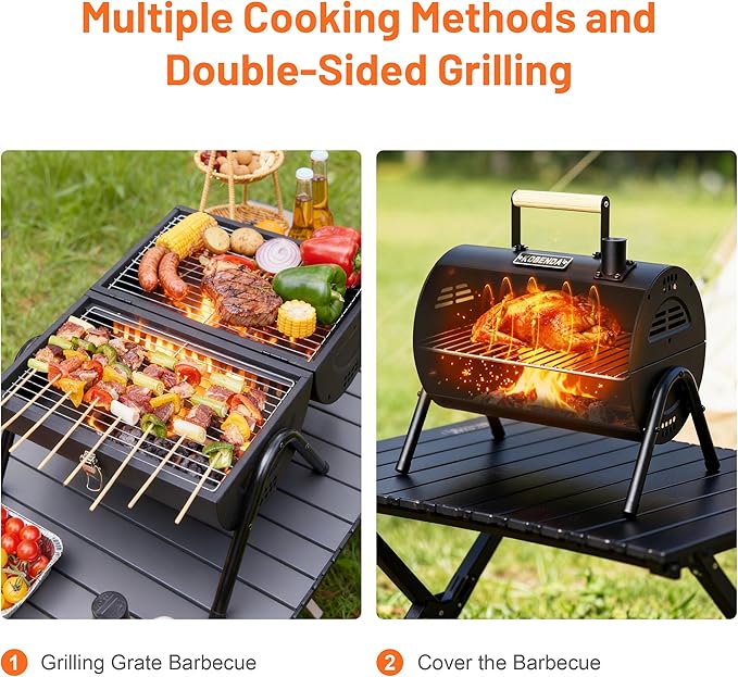 Portable Charcoal Grill with Warming Rack, Wooden Handle, Tabletop BBQ Grill for Outdoor Barbecue Camping Picnic Backyard Patio, Black
