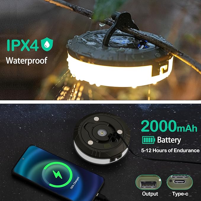 2-Pack Camping String Lights, 4 in 1 Outdoor Camping Lantern with 8 Lighting Modes(32.8Ft), Quick 30s Recovery, Waterproof, Type-C Fast Charging, Portable Lights for Camping/Yard/Hiking