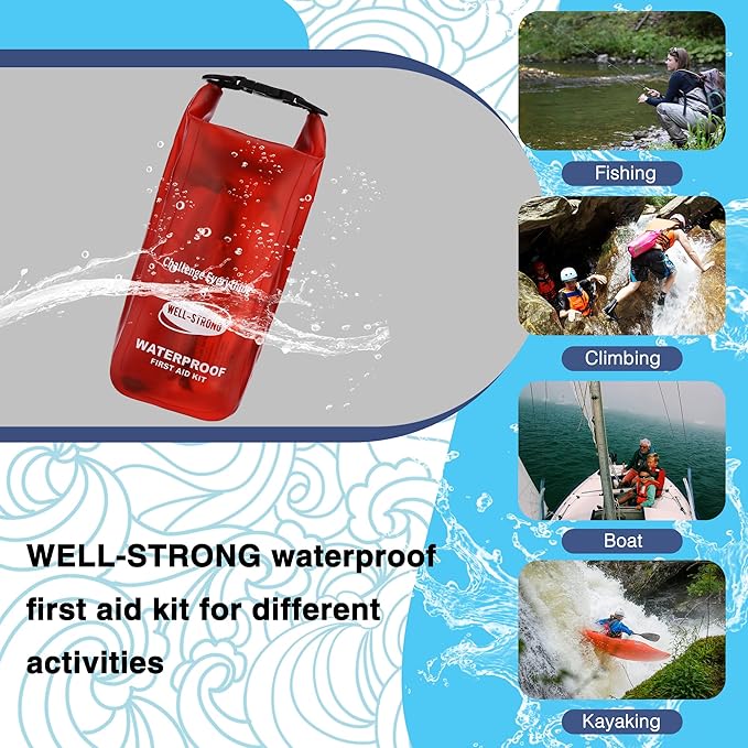 Boat First Aid Kit Waterproof, WELL-STRONG Marine Emergency Kit with Roll Top Dry Bag for Boating Fishing Kayaking – Water-Resistant Contents for Camping & Beach（Transparent Red）