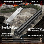 Ferro Rod Fire Starter Kit – 5" Flint and Steel with Two Waxed Tinder Cord & Paracord for Camping, Hiking, Outdoor Survival, Emergency Preparedness