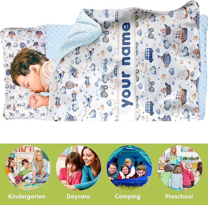 Personalized Toddler Nap Mat for Preschool, Custom Name Kids Sleeping Bag for Daycare, Kindergarten Roll Up Sleeping Mat with Removable Pillow and Soft Blanket, Fun Themes for Boys & Girls