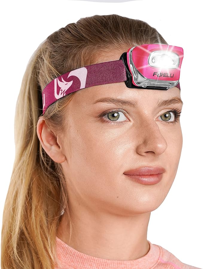 Foxelli LED Headlamp Flashlight for Adults & Kids, Running, Camping, Hiking Head Lamp with White & Red Light, Comfortable Headband, Lightweight & Waterproof, 3 AAA Batteries
