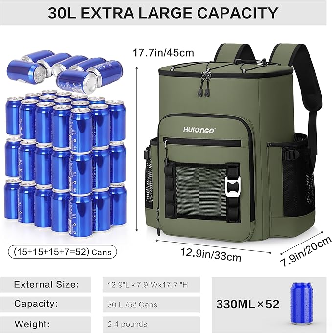 Large 52cans Waterproof Insulated Cooler Backpack for Men & Women, Leak Proof Backpack Cooler, Soft, 8Gal