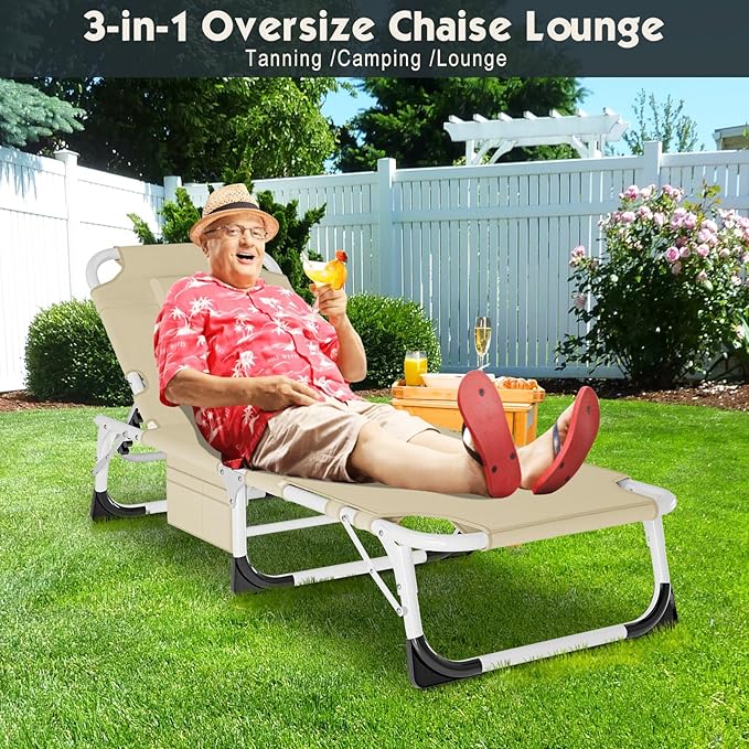 MOPHOTO Oversized Beach Lounge Chair, 5-Position Adjustable Tanning Chair with Face Hole, Heavy Duty Folding Chaise Lounge for Beach, Pool, Patio & Sunbathing