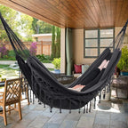 Double Boho Macrame Hammock with Elegant Tassels for Patio, Yard, Beach Wedding Decor, Outdoor and Indoor Up to 450lbs Include Tie Ropes and Drawstring Bag （Dark Grey）