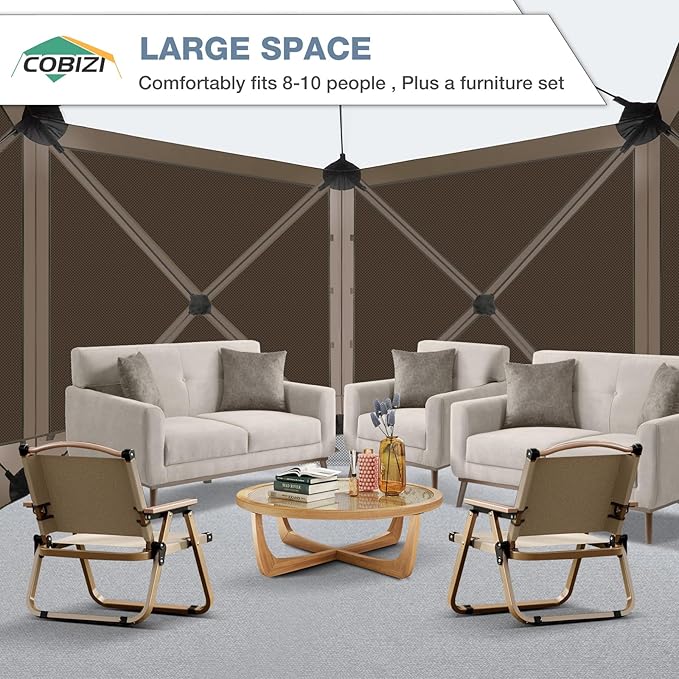 COBIZI Pop Up Gazebo Screen Tent Screen House for Camping, 10FTx10FT Screen Room with Mosquito Netting, Hub Tent Instant Screened Canopy with Carrying Bag and Ground Stakes, Brown