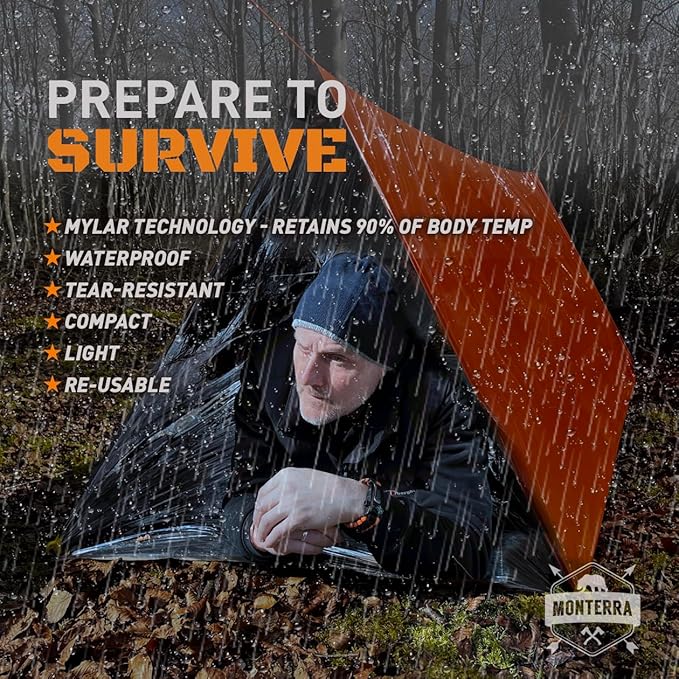 Monterra Emergency Tent, 2 Person Survival Shelter, Thermal Mylar, Waterproof, Outdoor Camping Gear and Equipment, Survival Kits, Compact Bivvy Tarp, Includes Paracord and Accessories. (Orange 1 Pack)