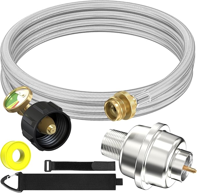 10FT Stainless Braided Propane Adapter Hose with Gauge, Adapter Hose with QCC1/Type1 Adapter Connect 20-45 lb Propane Tank (10FT Extension Hose/Propane Fuel Filter) for Heater and gas appliances