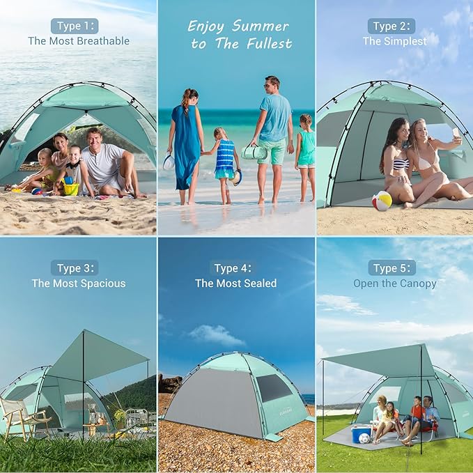 Elegear CumbreX™ Beach Tent Sun Shelter with Canopy, 4-5 Person Pop Up Beach Tent, Easy Setup UPF 50+ UV Protection Portable Lightweight Double Silver Coating Cabana Sun Shade Shelter - Green