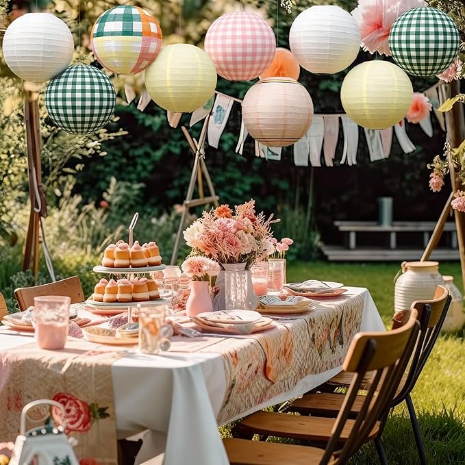 12 Pcs Camp Gingham Paper Lantern Cute Camping Bachelorette Decorations Kit Pink Green Gingham Camp Bride Supplies for Spa Wedding Bridal Engagement Baby Shower Party Decorations, 8inch