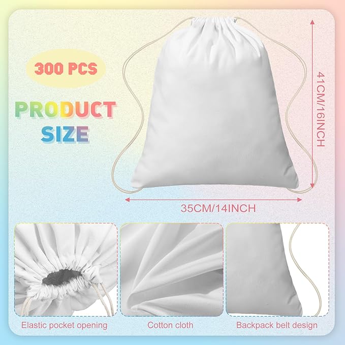 Saintrygo 300 Pcs Tie Dye Drawstring Bags Cotton Sublimation Blank Backpack Bulk Tie Dye Kits Things for Large Groups, 14"x16"
