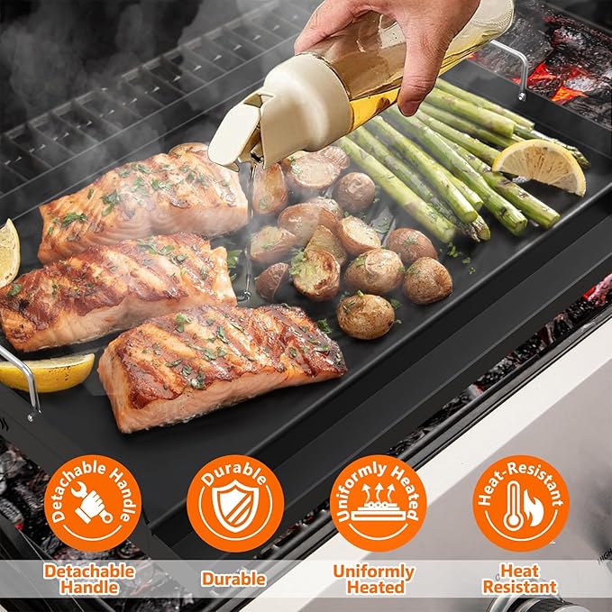 YACONA 23＂×16＂ Nonstick Universal Griddle for Gas Grill, Muti-Purpose Cooking Cast Iron Griddle with Grease Groove, Pre-Seasoned Flat Top Plate Insert for Camping, Tailgating, Parties
