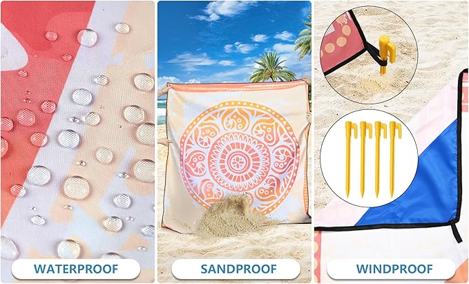 Beach Blanket Waterproof Sandproof Beach Mat 79" X 83"/10'x9'for 2-8 Adults Quick Drying Outdoor Picnic Mat Beach Accessories for Travel, Camping, Hiking