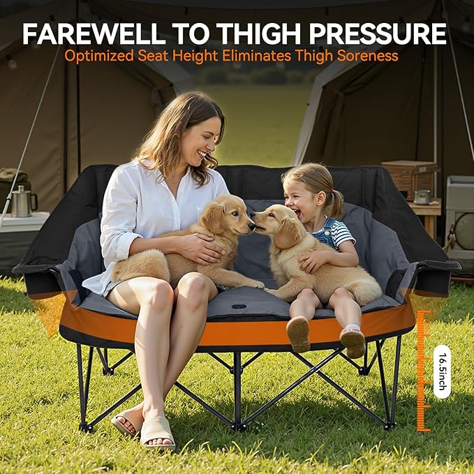 Double Camping Chair Oversized Padded Camping Chairs for Adults Folding Loveseat with Cup Holders and Side Pockets Heavy Duty Outdoor Lawn Chairs for Camping,Sports, Fishing,Beach,Black