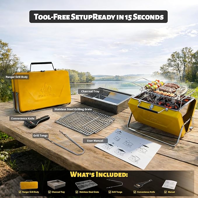 Ranger Portable Charcoal Grill – Compact Lunchbox‑Style Folding BBQ for Camping, Beach & Tailgating | Dual‑Zone Heating, Stainless Steel Body, Quick Setup, Includes Tong & Cleaning Brush