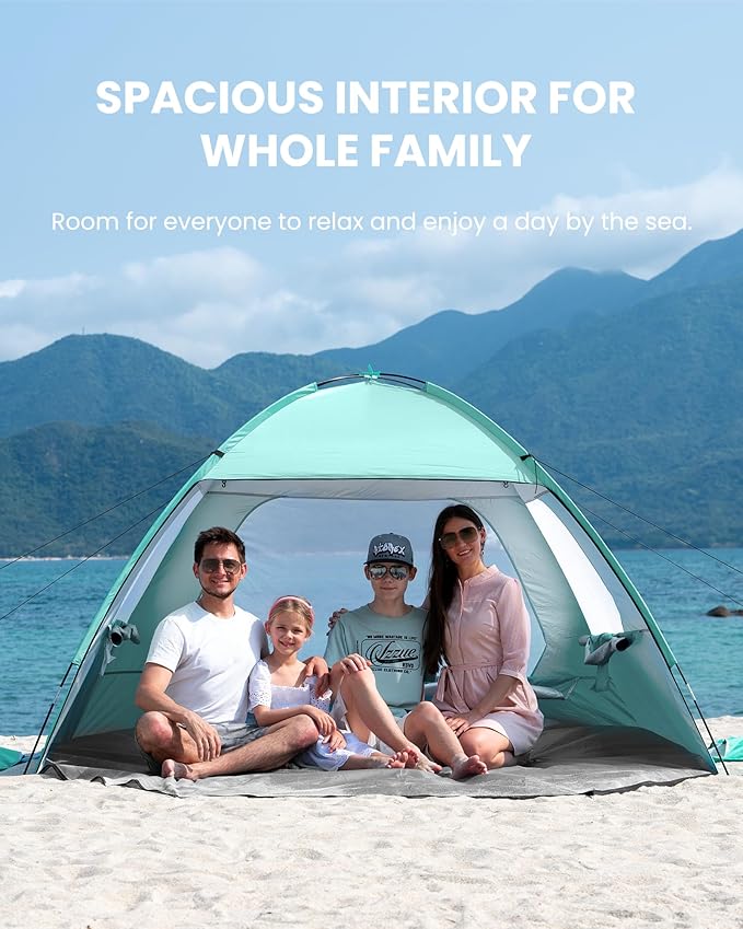 OutdoorMaster Beach Tent for 3/4/6/8 Person - Easy Setup Sun Shade Shelter, Portable Beach Shade Sun Canopy with UPF 50+ UV Protection, Removable Skylight Family Size