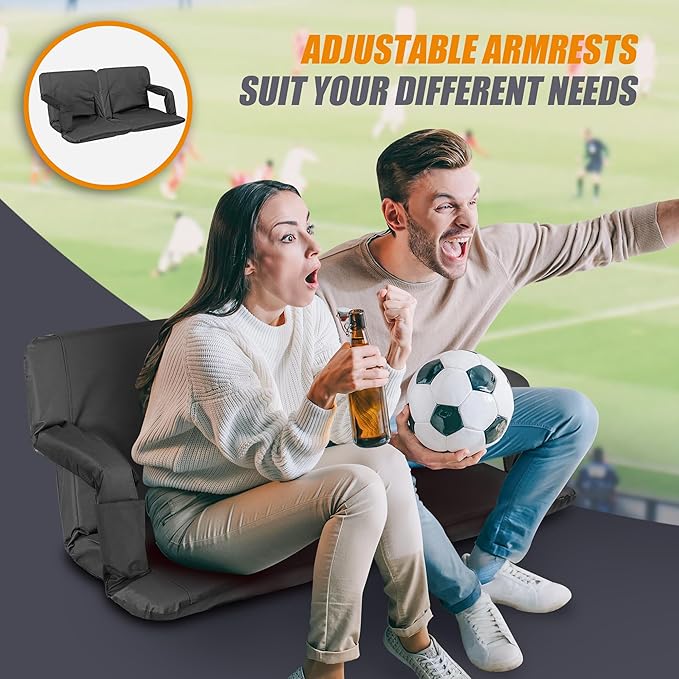 Wide Stadium Seat for Bleachers with Back Support -2 Pack Reclining Adults Camping Stadium Chair Extra Thick Cushion Bleacher Seats Waterproof Black