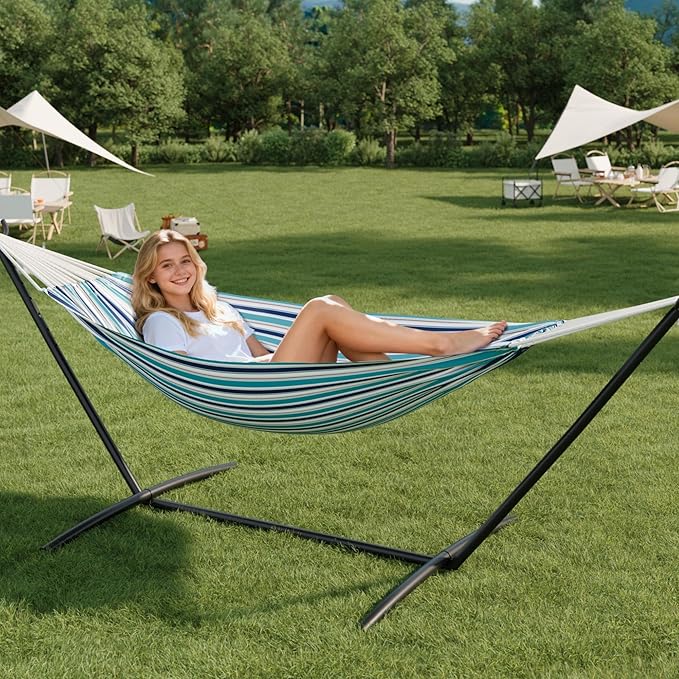 Double Hammock with Steel Stand - 2 Person Hammock Bed Indoor Outdoor, Brazilian-Style, with Carry Bag, 450lb Capacity, Portable & Easy Assembly, Ocean