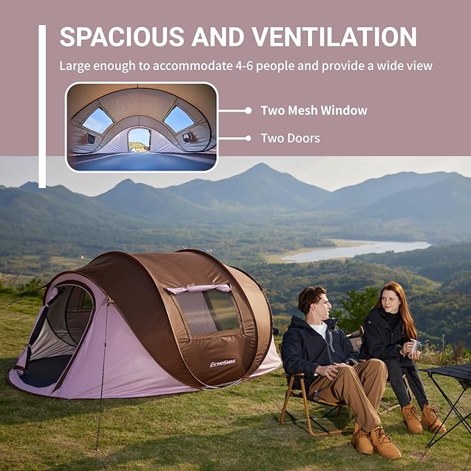 EchoSmile Instant Pop Up Camping Tent, 2/4/6 Person, Easy Setup Tent, Water Resistant Dome, Portable with Carry Bag