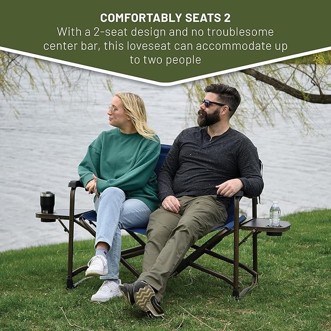 Timber Ridge Double Camping Chair Foldable Loveseat Directors Chairs, Oversized Double Folding Camping Chairs with 2 Side Tables, 2 Person Lawn Chair, Heavy Duty Support 600 LBS for Outdoor, Blue