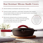 Cast Iron Skillet Set with Lids - 10"+12"-inch Pre-Seasoned Covered Frying Pan Set + Silicone Handle and Lid Holders + Scraper/Cleaner - Use Indoor/Outdoor, Oven, Stovetop, Fire, BBQ Kitchen Cookware