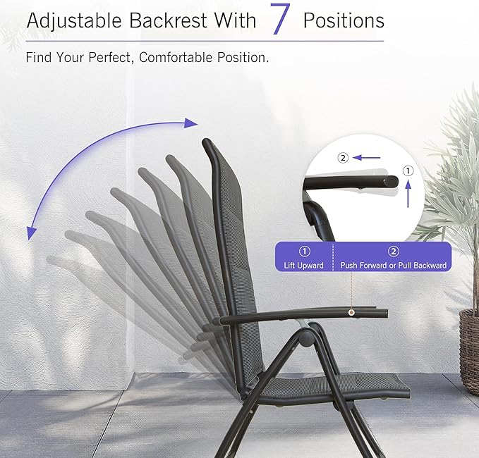 Domi Folding Patio Chairs Set of 2, Aluminium Frame Reclining Sling Lawn Chairs with Adjustable High Backrest, Patio Dining Chairs for Outdoor,Porch,Balcony (Double-Layered Textilene Fabric)