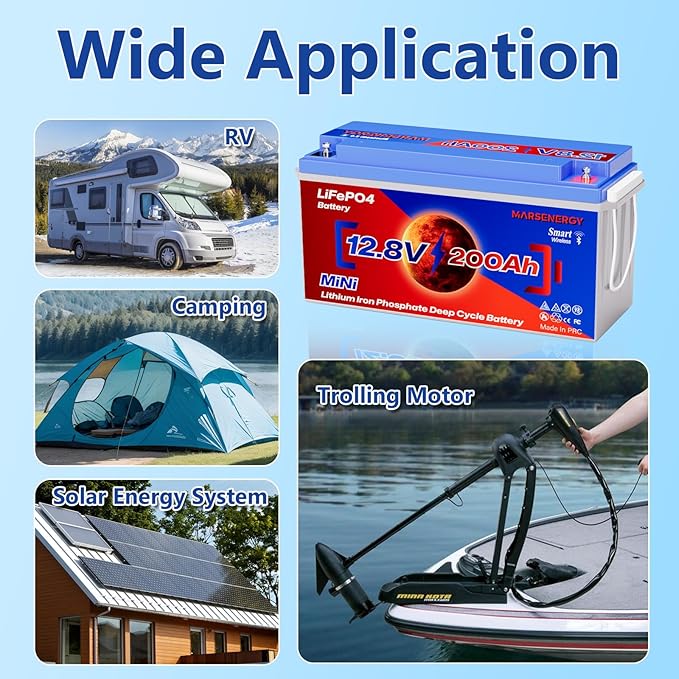 12V 200Ah Lifepo4 Battery with Bluetooth, Built-in 200A Smart BMS, Low-Temp Protection, 4500+ Deep Cycle Grade A Lithium Cells for RV Travel, Trolling Motor, Marine,Boat,Solar Panel,Camping
