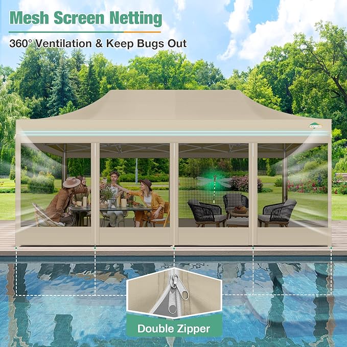 COBIZI 10x20 Canopy Tent, Heavy Duty Pop up Canopy with Sidewalls, Waterproof Easy Setup Canopy with Mosquito Netting, Outdoor Instant Screen Tents for Parties, Wedding with Roller Bag, Khaki