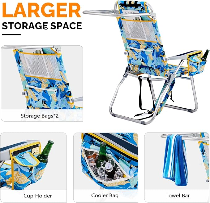 VINGLI Tall Beach Chair 2 Pack Lightweight, Backpack Beach Chair for Adults with 5-Position, Cooler Bag, Cup Holders, Towel Bar, Lightweight Folding Beach Camping Chairs