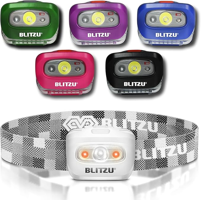 BLITZU LED Headlamp Flashlight for Adults & Kids, Lightweight, Waterproof Head Lamp with White & Red Light, Comfortable Headband, Perfect for Running, Camping, Hiking, 3 AAA Batteries Included, White