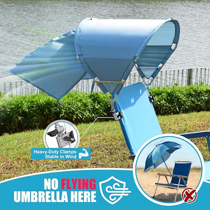 Universal Chair Umbrella Canopy, UPF 50+ Chair Sun Shade Attachment with Adjustable Clamp Fits Most Brands’ Beach, Camping, Lawn, Wheelchair, Tanning, Zero Gravity, Lounge, Fishing Chairs, Patented
