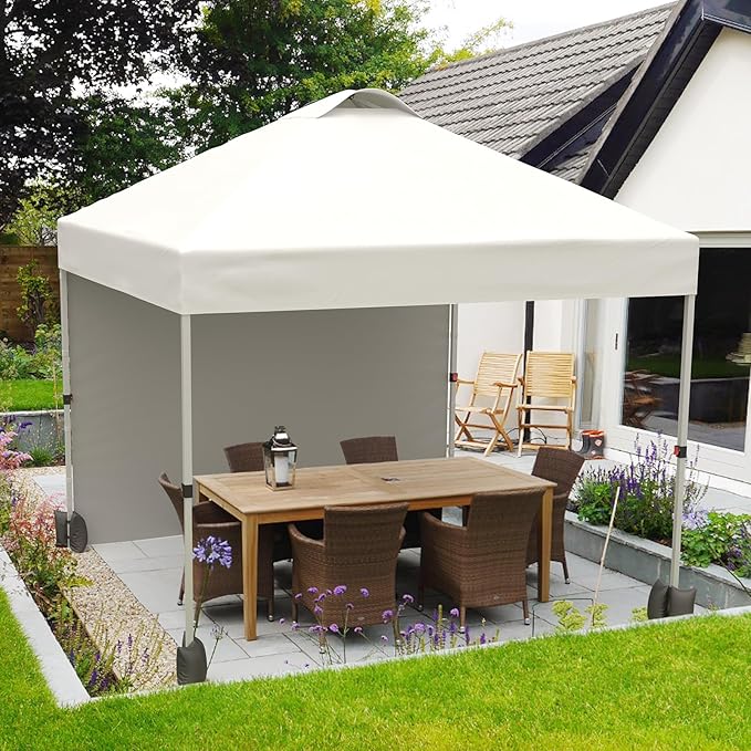 10x10ft Pop Up Canopy Tent with 1 Sidewall, Portable Instant Commercial Canopy Patio Tent with Vented Top Roller Bag 4 Sandbags 4 Ropes and 8 Tent Stakes, White