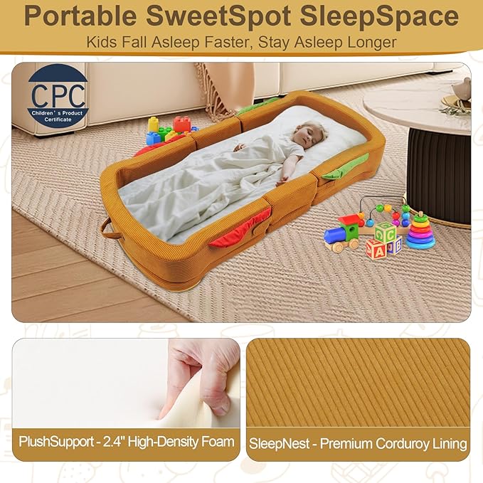 Toddler Travel Bed Sandwich Style - Portable Toddlers Floor Beds, Foldable Soft Foam Travel Crib for Baby and Kid, Washable Cover Toddler Cot with Safety Rail for Travel, Home/Travel Sleep