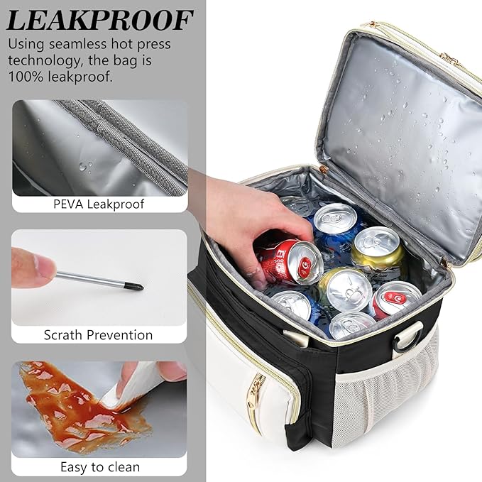 LOKASS Lunch Bag& Lunch Box for Men Women Double Deck,Large Insulated Adult Lunch Box Leakproof Lunchbox Cooler Bag for Work Picnic Beach,（Black&White）