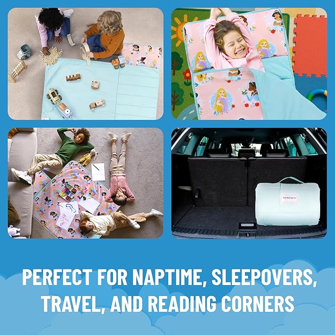 Jay Franco Kids Nap Mat with Embedded Pillow & Blanket – Soft 46"x20" Microfiber Sleeping Bag with Name Tag & Handle for School, Travel, Sleepover