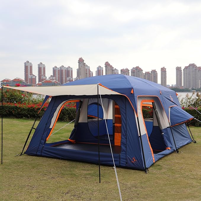 KTT Extra Large Tent 10-12-14 Person(Style-B),Family Cabin Tents,2 Rooms,3 Doors and 3 Windows with Mesh,Straight Wall,Waterproof,Double Layer,Big Tent for Outdoor,Picnic,Camping,Family Gathering