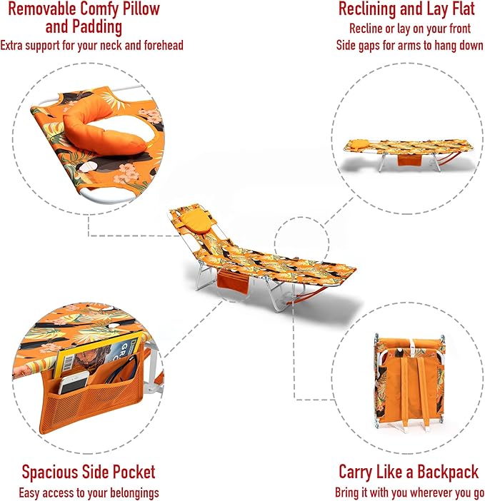 daystar SunnyFeel Beach Lounge Chair, Backpack Reclining Beach Chairs Lay Flat, Face Down Tanning Chair, Folding Camping Chairs Portable Camp Cot with Backpack Straps for Outdoor/Picnic/Lawn