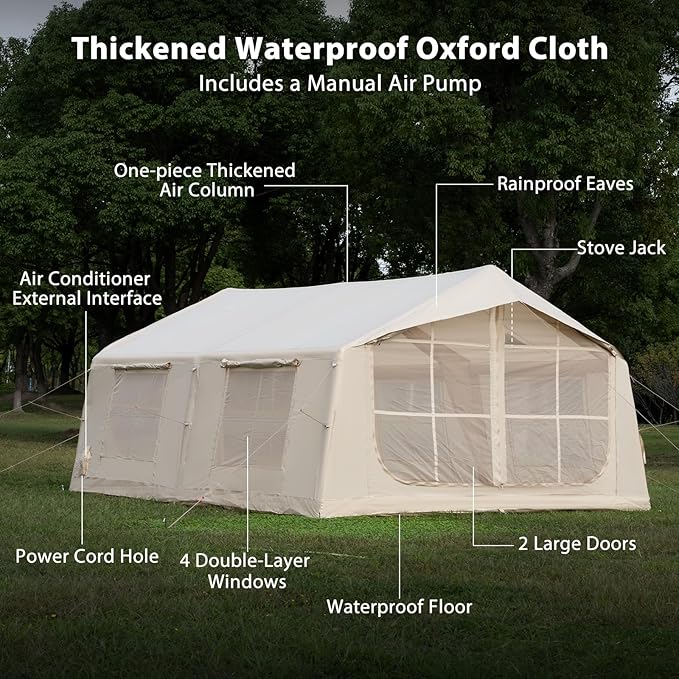 Oxford Inflatable Tent for Camping with Hand Pump, 4 Season Glamping Tents with Stove Jack for 8-12 Person, Waterproof Outdoor Party Camping Festival