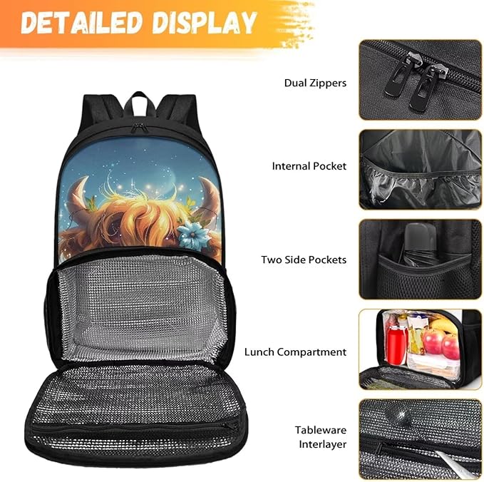 Cute Yak Cow 17 Inch Kids Casual School Backpack Purse, Extra Large Insulated Unisex Lunch Cooler Bag With Computer Compartment, Hiking Picnic Travel Student Dayback