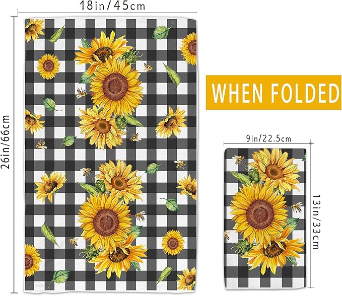 Sunflower Kitchen Towels, You are My Sunshine Dish Towels Set of 2, Farmhouse Sunflower Kitchen Decor, Summer Floral Buffalo Plaid Yellow Hand Towels for Housewarming (18x26 Inches)