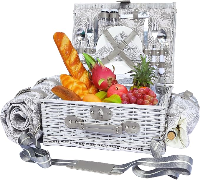 Picnic Basket for 2 with Blanket, Willow Picnic Basket Set with Shoulder Strap&Wine Pouch, Large Willow Hamper with Insulated Cooler for Outdoor, Camping, Beach, Couples, Wedding Gift