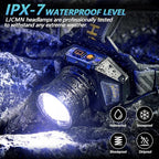 LED Headlamp Rechargeable，99000 Super Bright Head Lamp with 12 Modes & 90H Long Battery Life & IPX7 Waterproof,90° Adjustable Headlight for Outdoor Camping, Cycling, Hiking