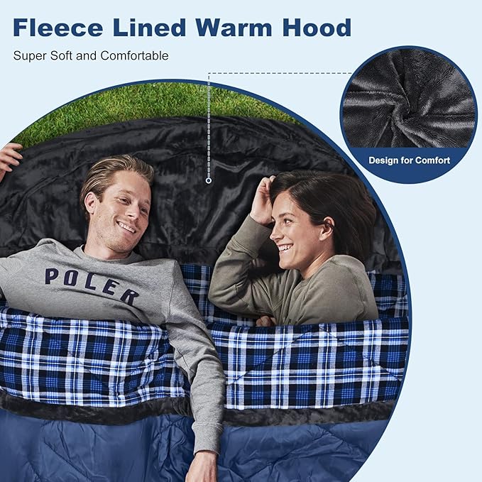 AGEMORE Cotton Flannel Double Sleeping Bag with Fleece Lined Hood, Waterproof Queen Size 2 Person Sleeping Bag for Adults Cold Weather Camping Backpacking or Hiking, 3-4season