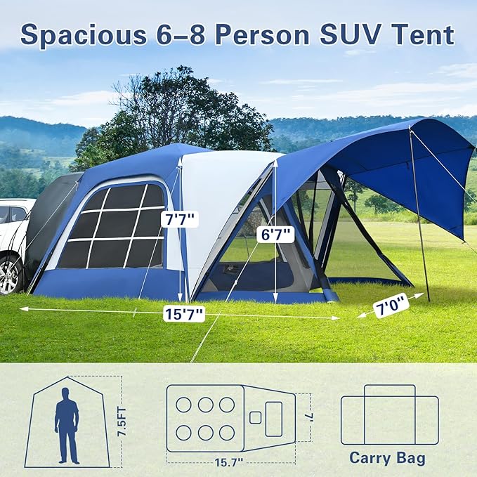 ABORON SUV Tent, 4/6 Person Waterproof SUV Camping Tent, Easy Setup Car Tent with Rainfly & Awning for Family Outdoor Adventures